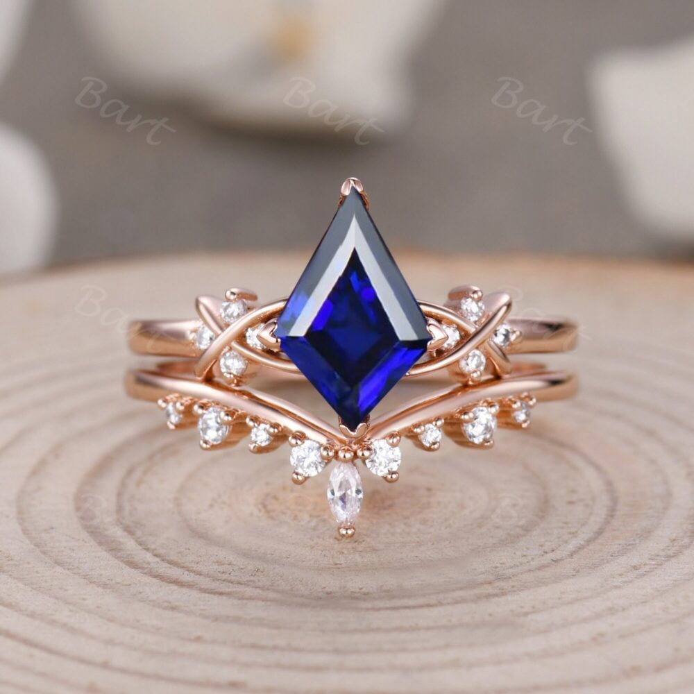 Kite Blue Sapphire Ring Set For Women 14K Rose Gold Marquise Cut Diamond Ring Vintage September Birthstone Anniversary Promise