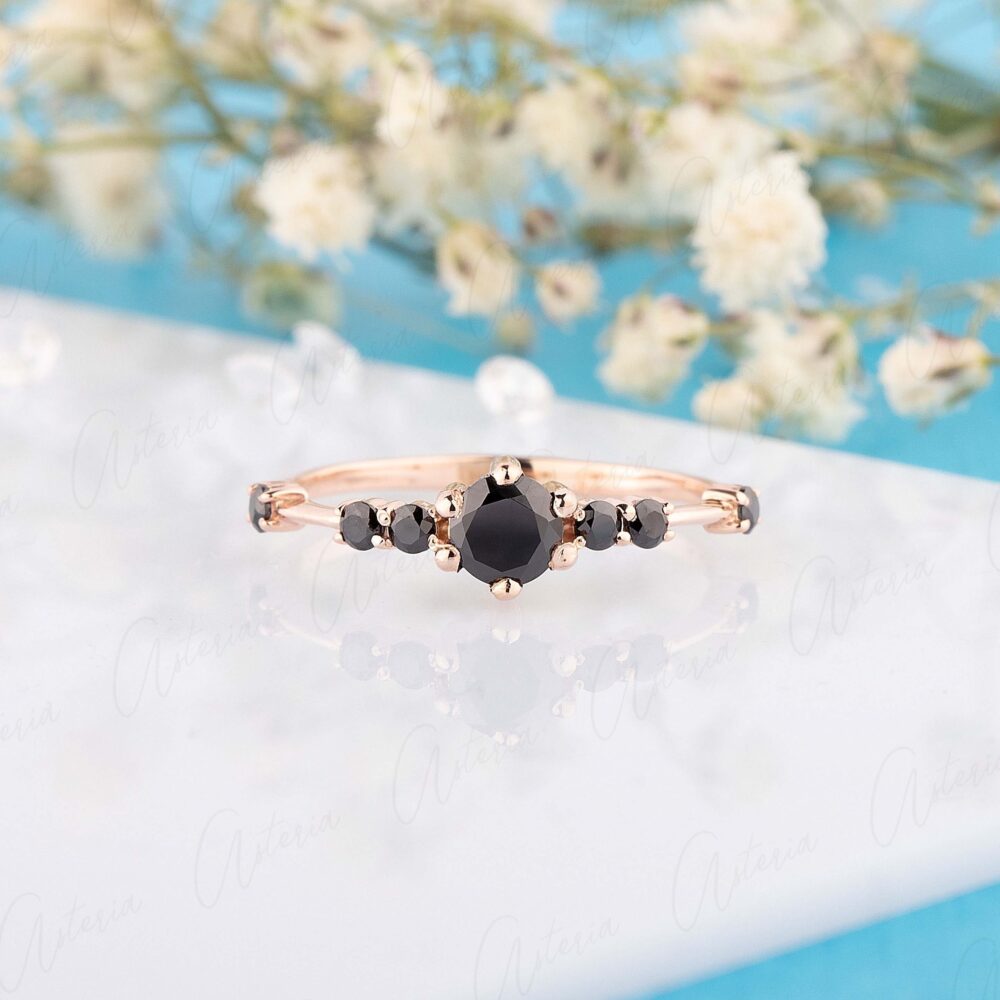 Black Diamond Engagement Ring Rose Gold, Women Dainty Black Anniversary Promise Ring, Bridal Stone