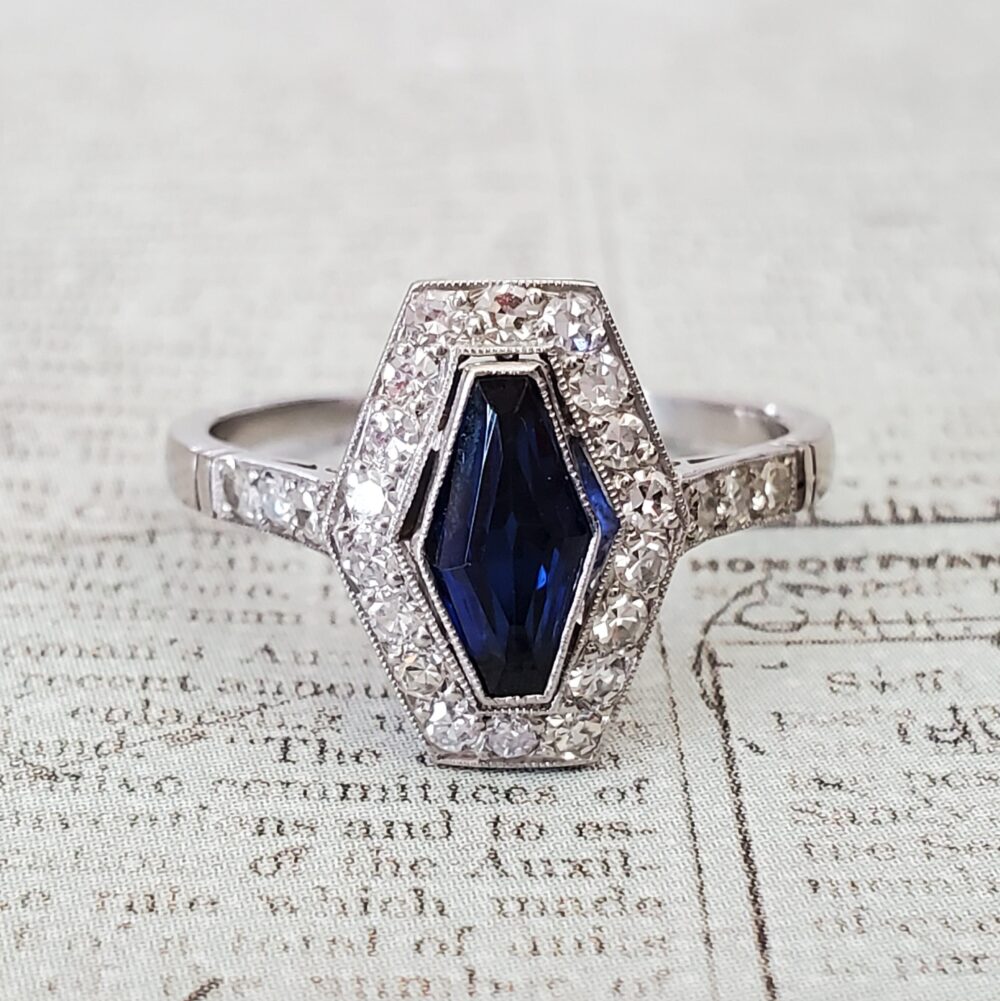 Vintage Engagement Ring | Art Deco Fancy Cut Sapphire & Diamond Halo in Platinum Antique