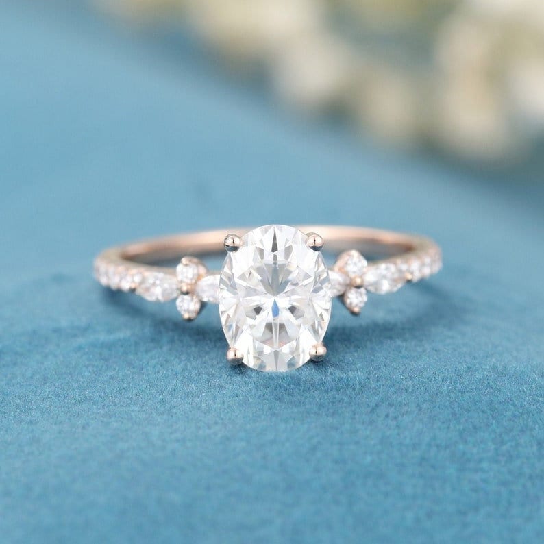 Vintage Engagement Ring Moissanite Unique Oval Cut Rose Gold Diamond Dainty Anniversary Gift For Her