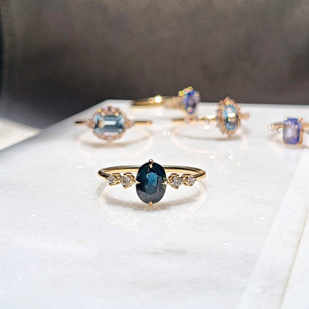 Diamond Teal Sapphire Vintage Engagement Ring, Oval Cut Solid Gold & Bridal Ring, Art Deco Blue Green For Women