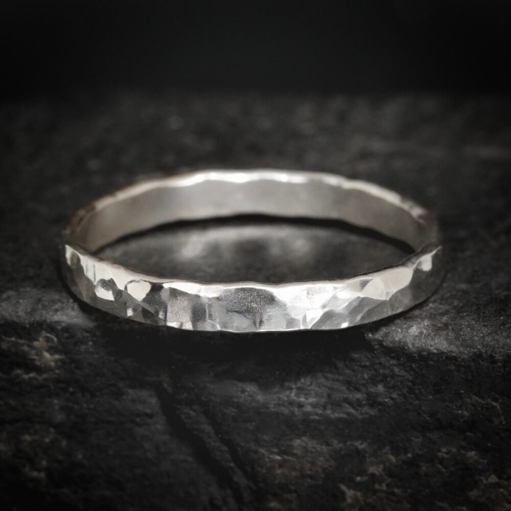 2mm Hammered Band. Alternative Rustic Organic Unique Textured Yellow Rose White Gold Silver Slim Wedding Band Ring. Style #1