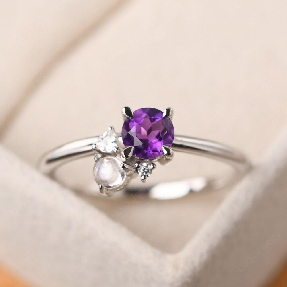 Custom Family Birthstone Ring, Round Cut Amethyst & Moonstone Engagement Ring, February June