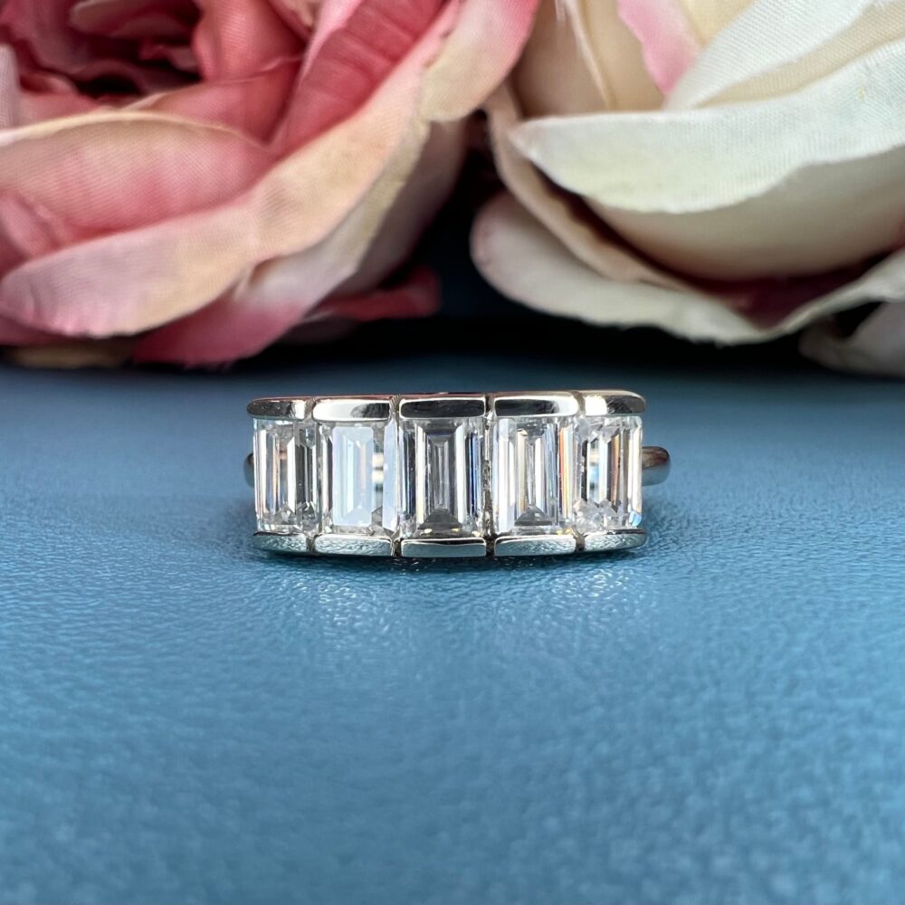Five Stone Emerald Cut Moissanite Mothers Ring 14K White Gold, Family Birthstone Ring, Multi Rings For Mom, Moissanite #7513