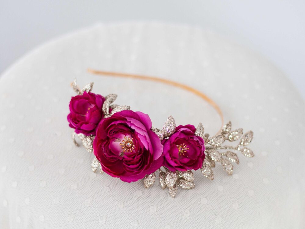 Gold Fuchsia Flower Headband Fascinator, Hot Pink Hair Band, Side Floral Head Sparkly Piece, Bridesmaid Bride Glitter Headpiece