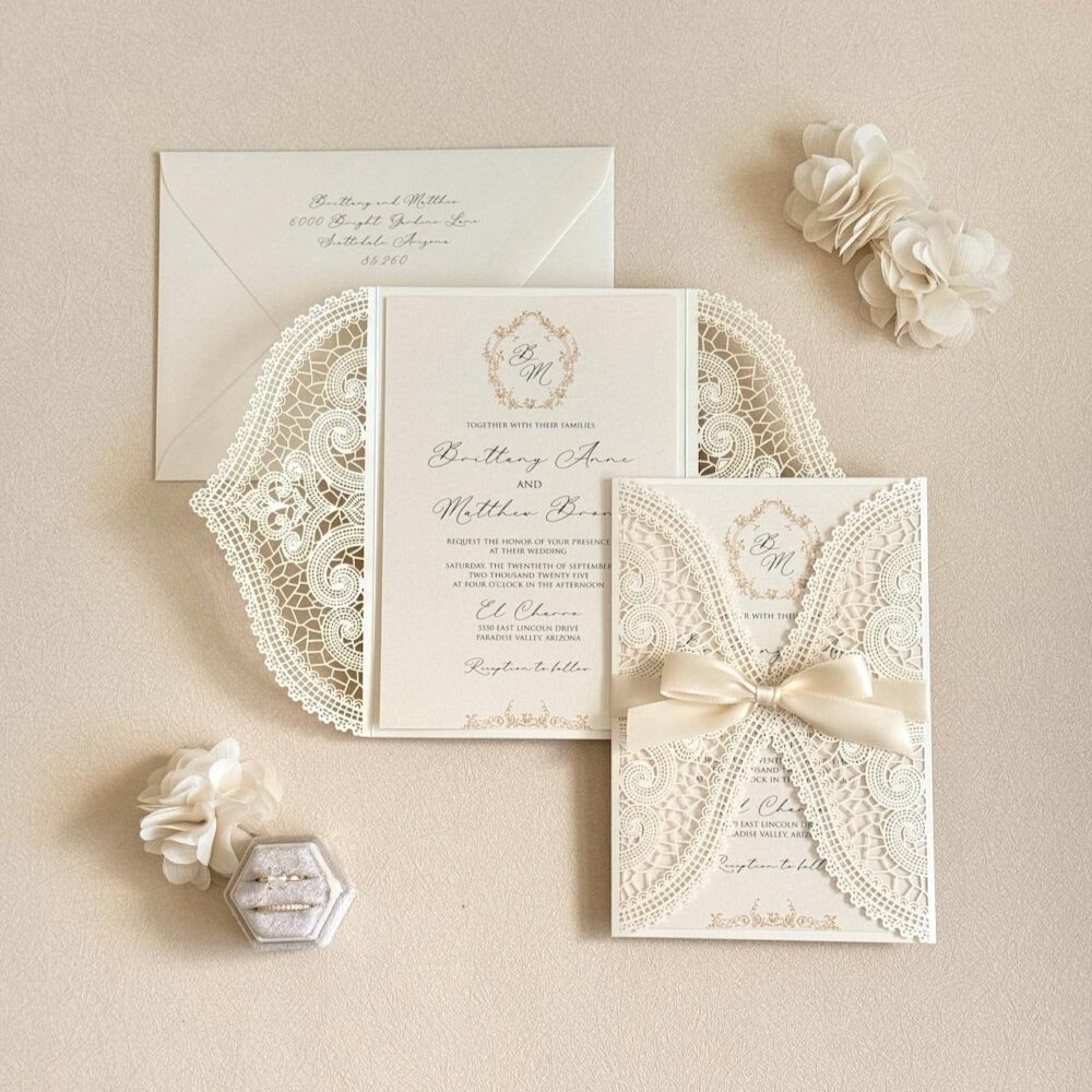 Lace Wedding Invitation Ivory Elegant Gold Invite Handmade Laser Cut Vintage Glam Botanical Monogram Card