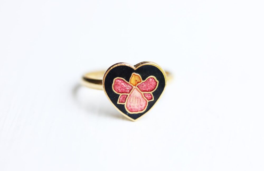 Pink Heart Ring, Enamel Gold Orchid Black Adjustable Flower Ring