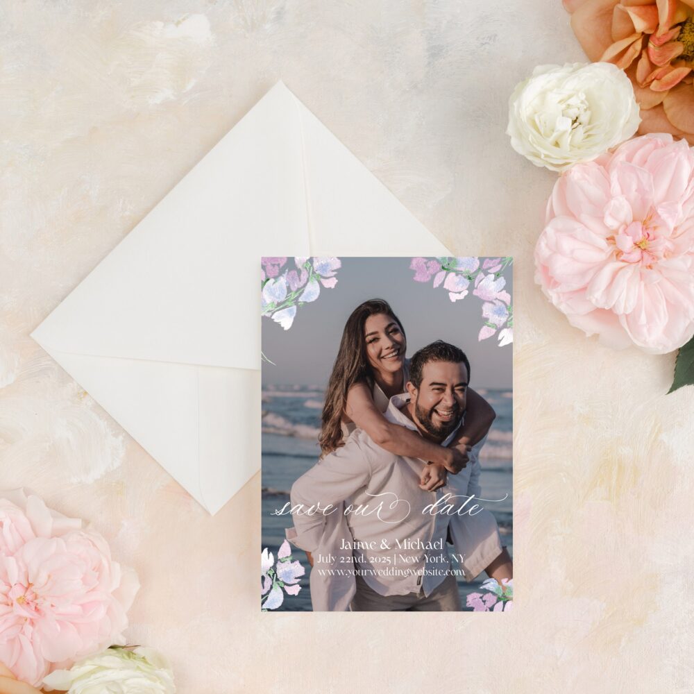 Purple Floral Save The Date With Photo, Picture Dates Watercolor, Light Lilac, Lavender Wedding