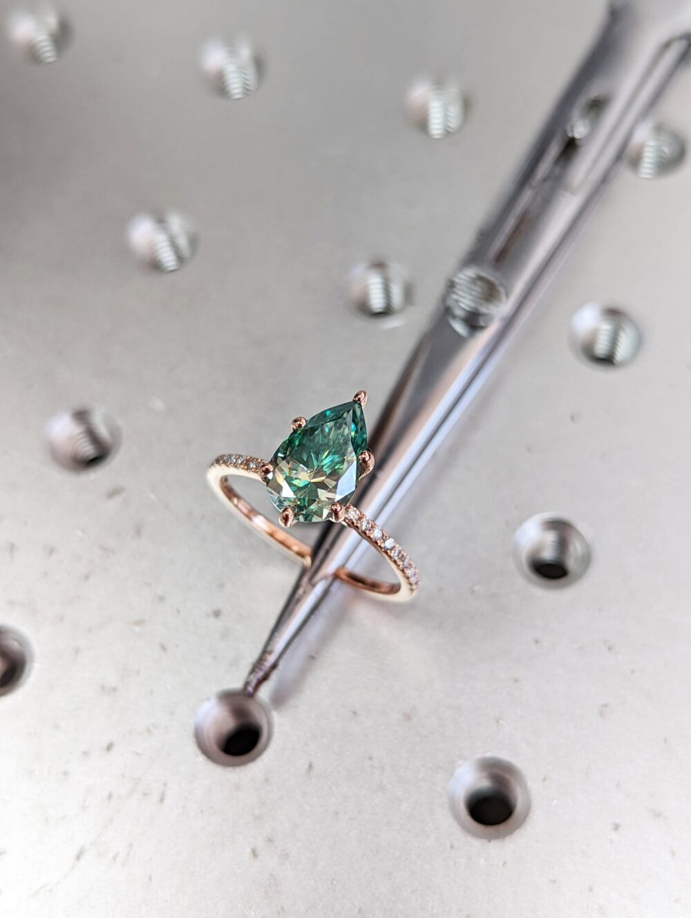 Colored Moissanite Engagement, Green Ring, Vintage Blue-Green Pear Engagement Ring, Color Hidden Halo Ring