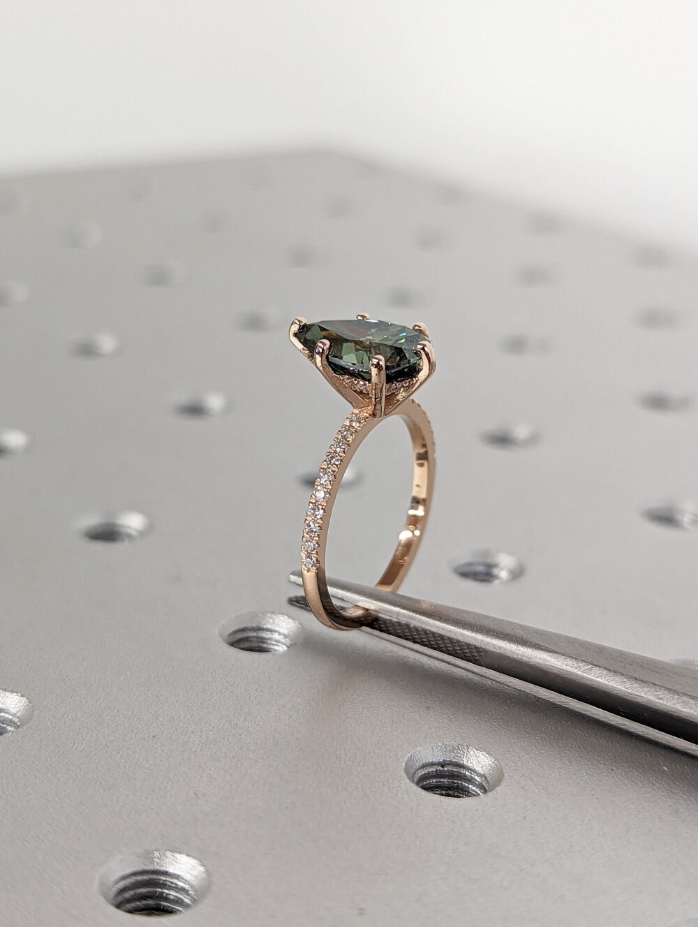 Colored Moissanite Engagement, Green Ring, Vintage Blue-Green Pear Engagement Ring, Color Hidden Halo Ring