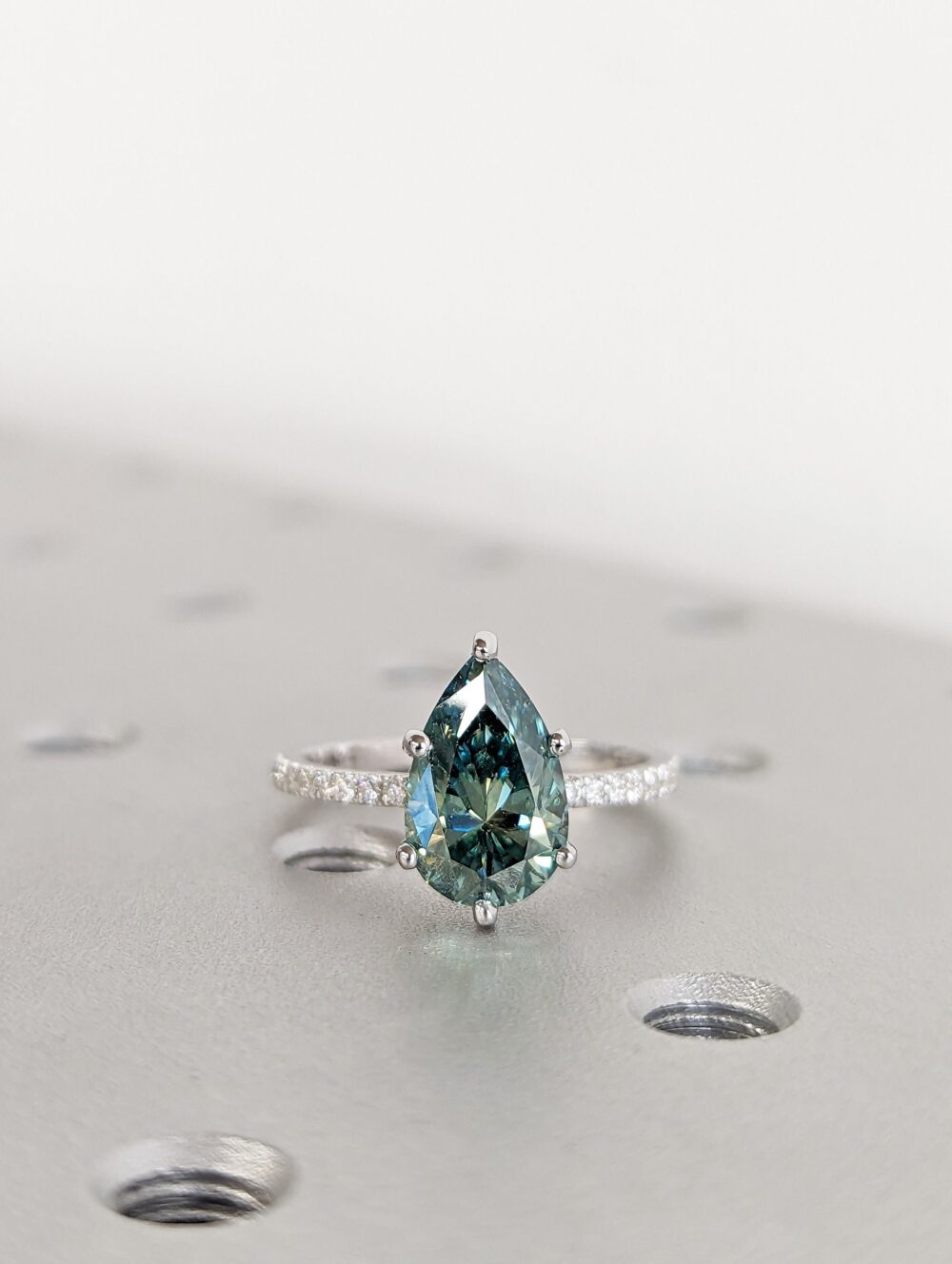 Colored Moissanite Engagement, Green Ring, Vintage Blue-Green Pear Engagement Ring, Color Hidden Halo Ring