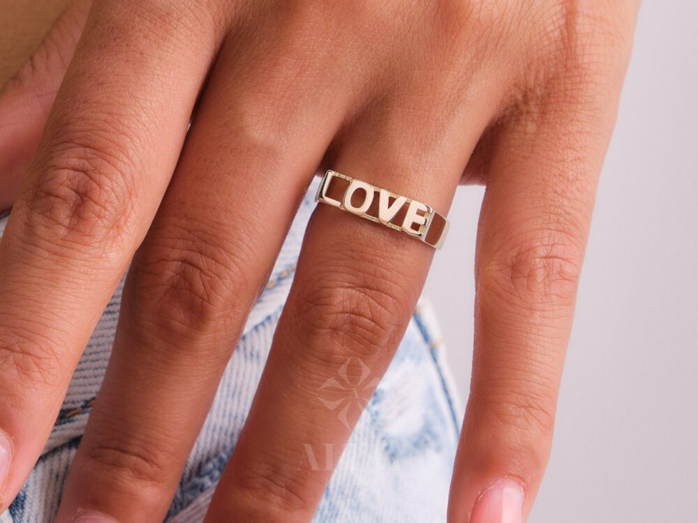 14K Gold Love Ring, Word Signet Stackable Dainty Script Engraved Jewelry, Engagement