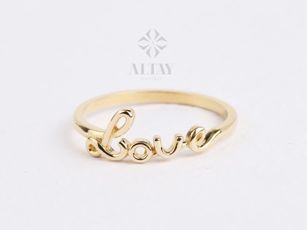 14K Gold Love Ring, Cursive Word Signet Stackable Dainty Script Engraved Engagement Ring