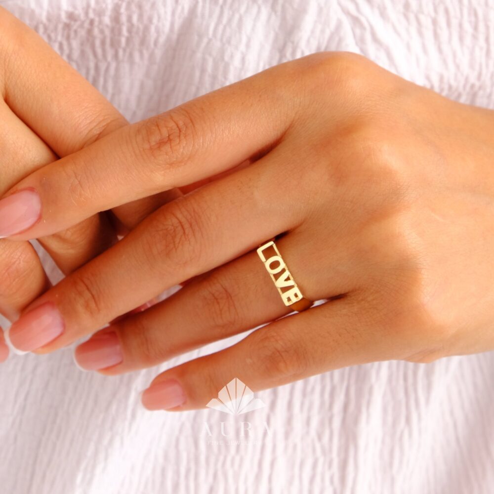 14K Gold Script Love Ring, Chunky Statement Word Stackable Engagement Promise Letter Jewelry
