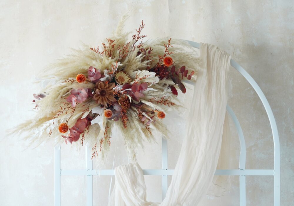 Bohemian Preserved Flower Wedding Arch/Arbor, Arch&chuppah Decoration Flower Swag Backdrop, Pampas Grass, Boho Floral 19.6×11 In