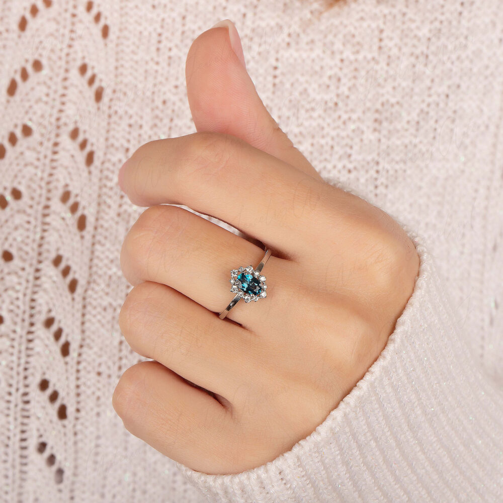 London Blue Topaz Engagement Ring, Vintage Art Deco Sterling Silver Halo Unique Anniversary Promise Ring
