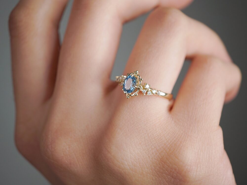 Vintage Blue Topaz Engagement Ring, Unique Solid Gold Diamond Moissanite Proposal Dainty Bridal Statement Ring