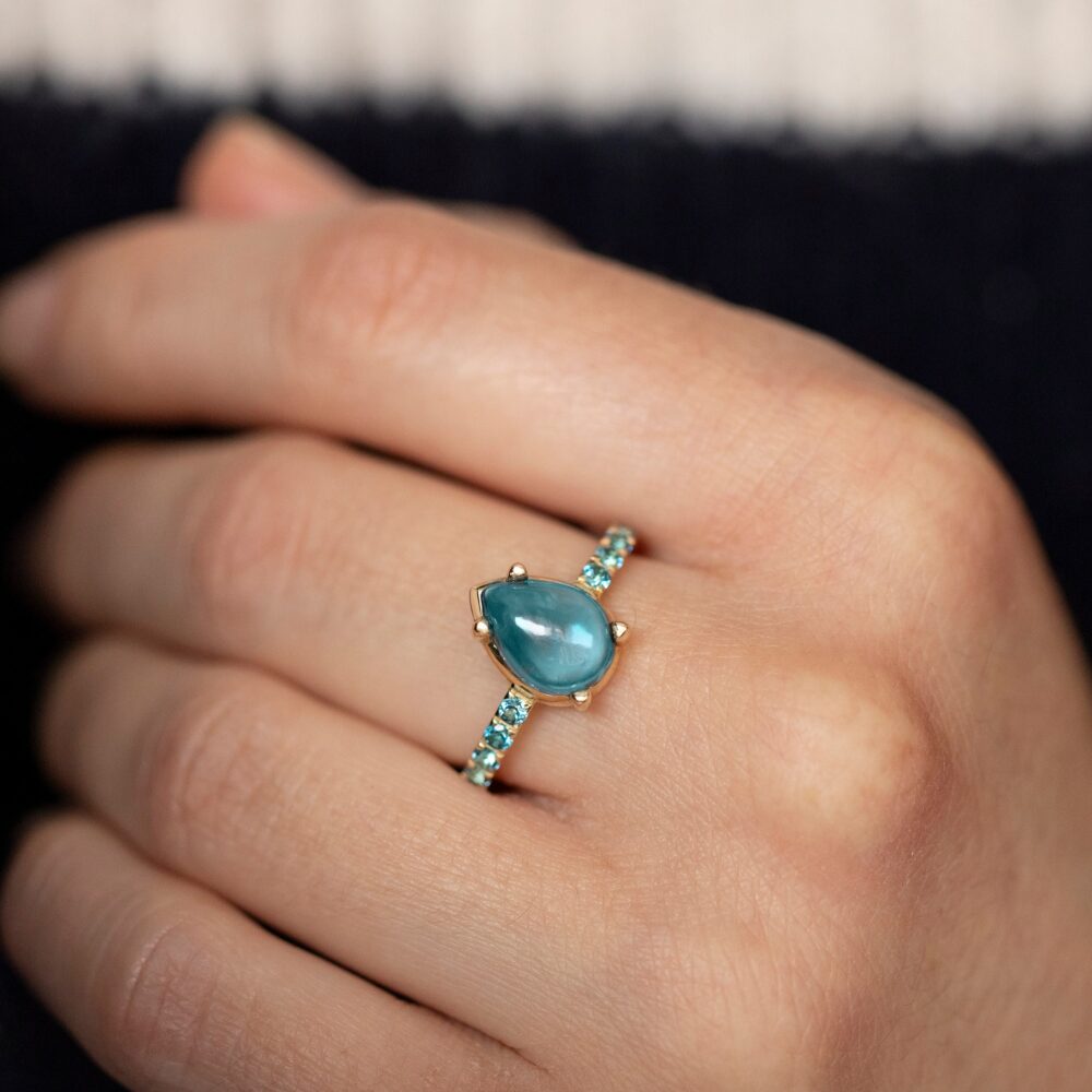 Swiss Blue Topaz Ring Engagement 14K Gold Pear - Statement Natural Gemstone For Women Gr00437