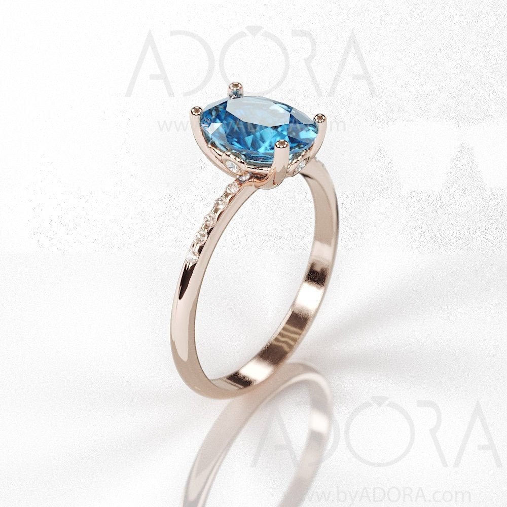 Rose Gold London Blue Topaz Engagement Ring | 14K Set With & Diamonds Band