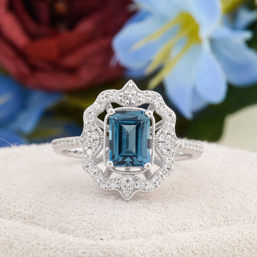 London Blue Topaz Engagement Ring, Vintage Emerald Shape Wedding Promise Ring For Women
