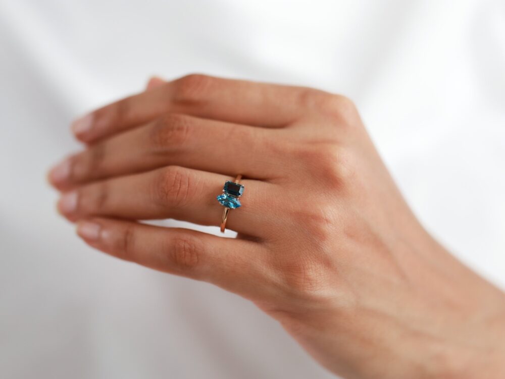 Blue Topaz Engagement Ring, London & Swiss Topaz, Emerald Cut Marquise, Solid Gold Promise December Birthstone Jewelry For Her