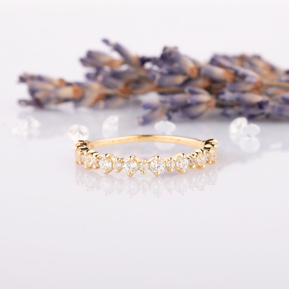 Dainty Minimalist 14K Gold Cz Wedding Band, Tiny Half Eternity Women Simple Elegant Band For Her Eternity Promise Ring