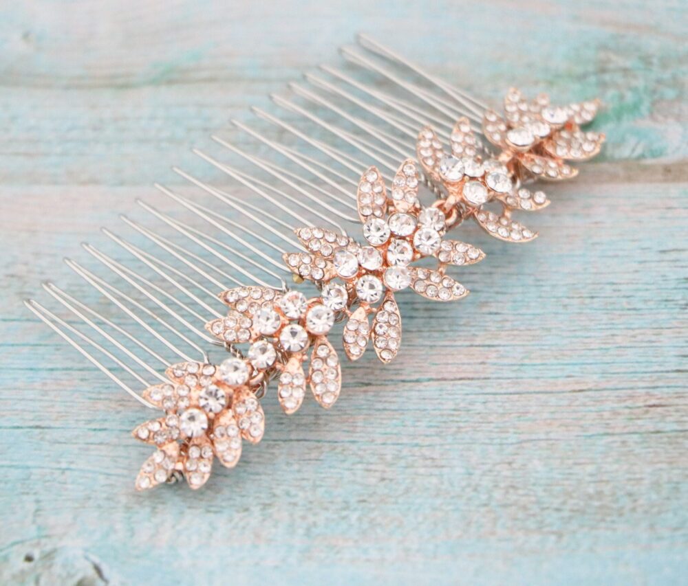 Rose Gold Rhinestone Hair Comb Side Bridal Headpiece Wedding Bridal Accessories For Bun Crystal Clip