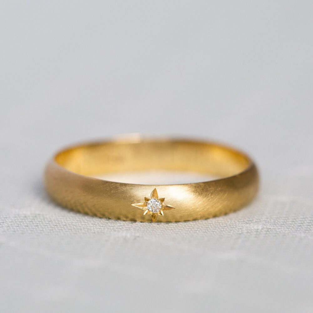 Diamond Wedding Band Men, 14K Ring, 4mm Round Band, Mens Classic Star Matte Gold Ring For Him, 18K
