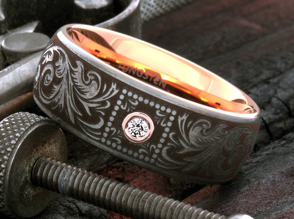 Tungsten Wedding Band, Rose Gold Diamond, Ring, Victorian Diamond Men 8mm Ring