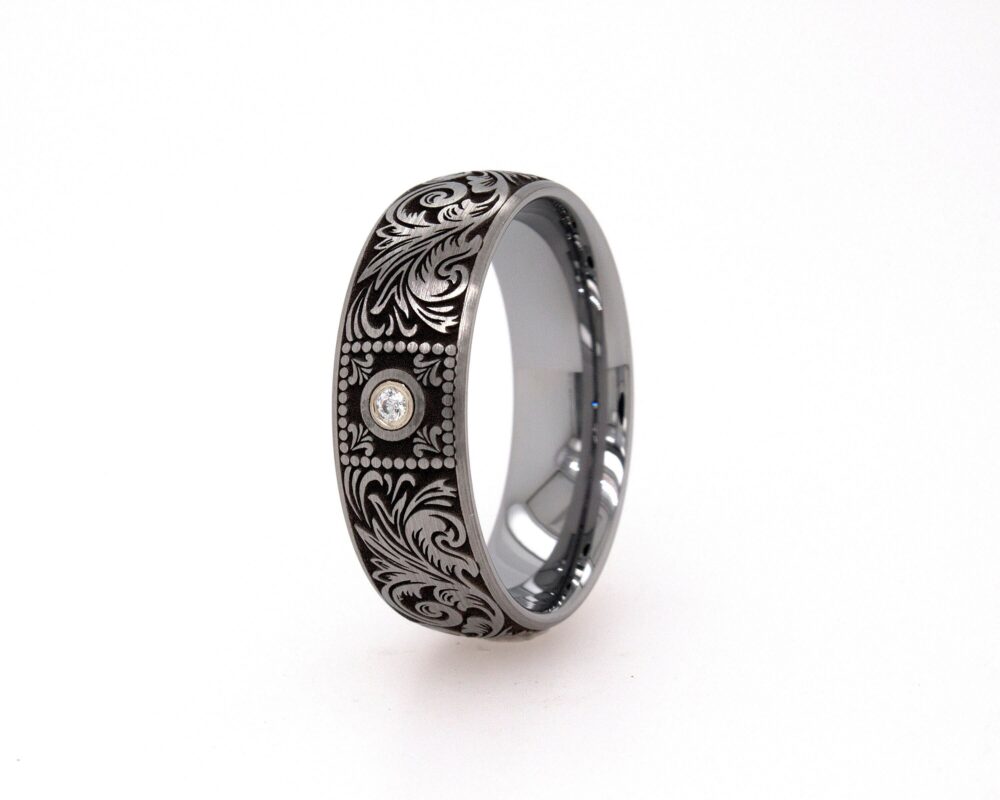 Tungsten Wedding Band, Men's Ring, Victorian Steampunk Diamond 8mm Ring