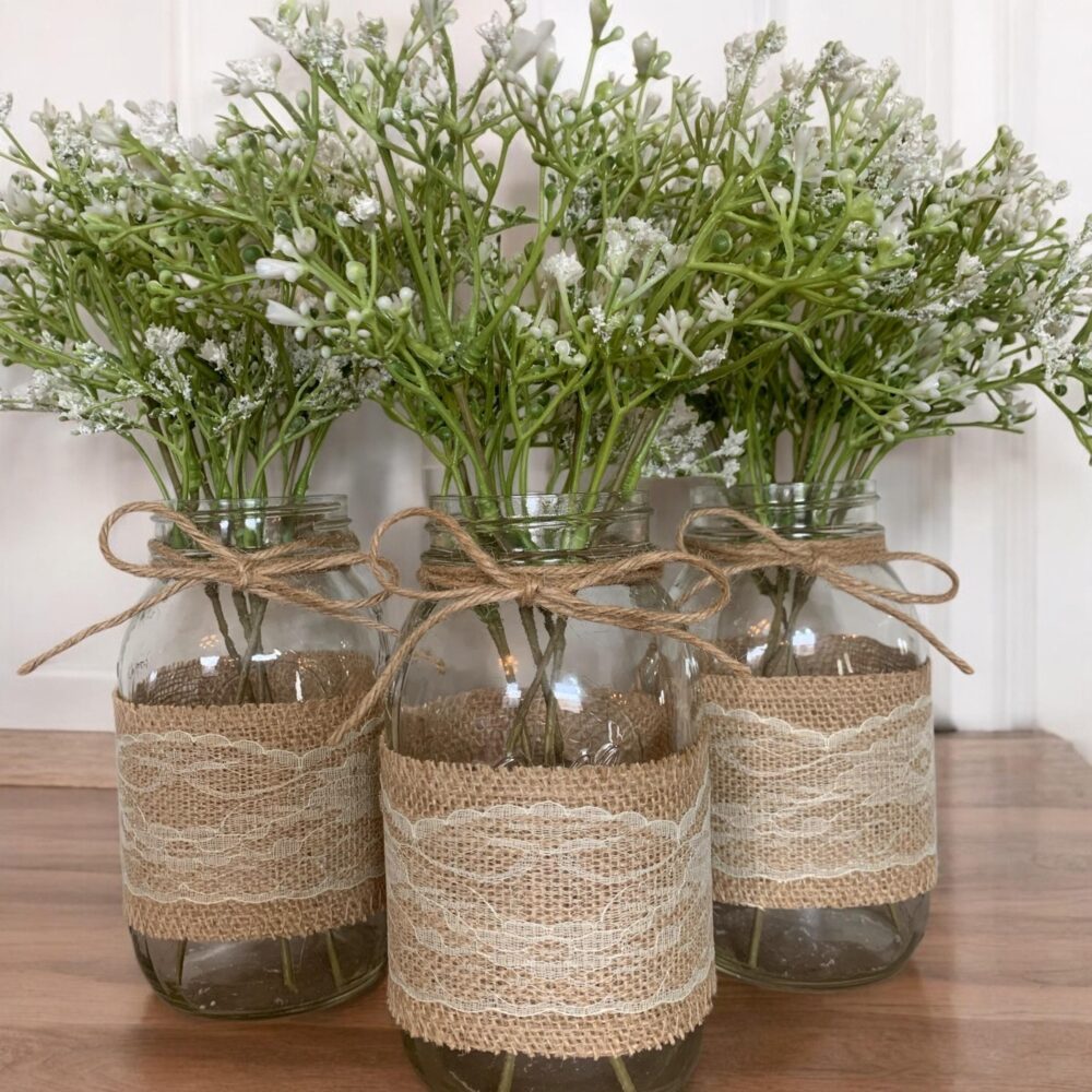 Mason Jar Wedding Centerpiece Baby's Breath Decor For Rustic Farmhouse Table Decor Babies Burlap