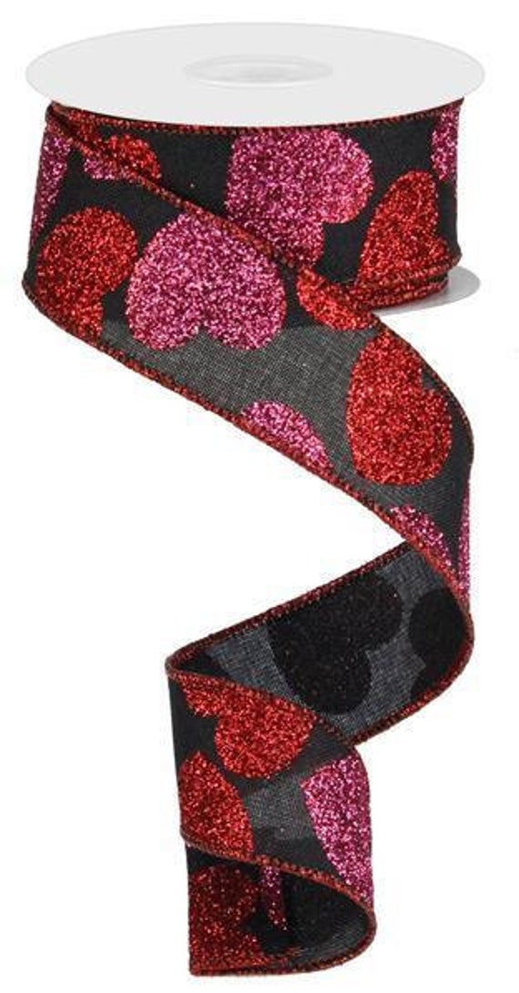 Valentines Glittered Pink & Red Hearts On Wired Black Royal Burlap Ribbon 1.5" X 10 Yards Satin Stitch Edge Rg0166802