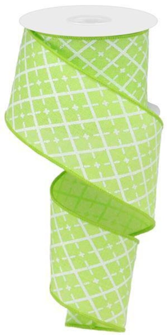 Bright Lime Color With White Glittered Argyle Basket Print On Wired Burlap Ribbon Finished in A Matching Edge 2.5x10 Yd Rg0190209