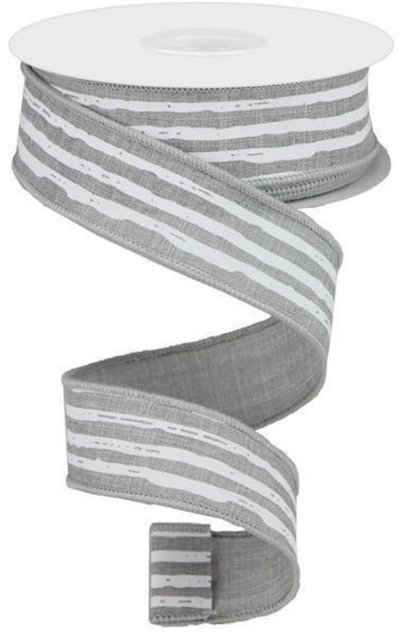 Gray With White Uneven Stripes On Wired Royal Burlap Ribbon Finished in A Matching Edge 1.5x10 Yd Rga138110