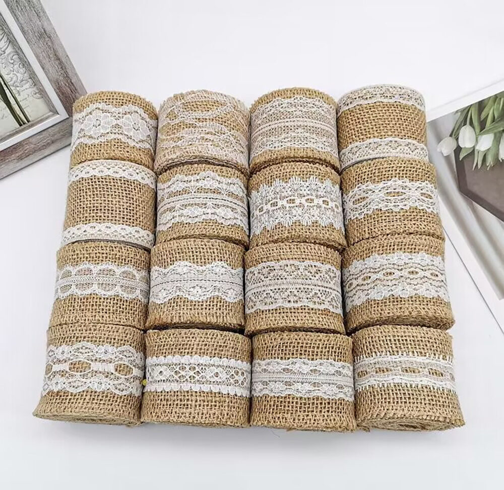 5cm Width Lace Hessian Ribbon, Jute Burlap Ribbon Craft Gift Wrapping Decoration, Rustic Border With Lace Diy Art Supply, 2M Long