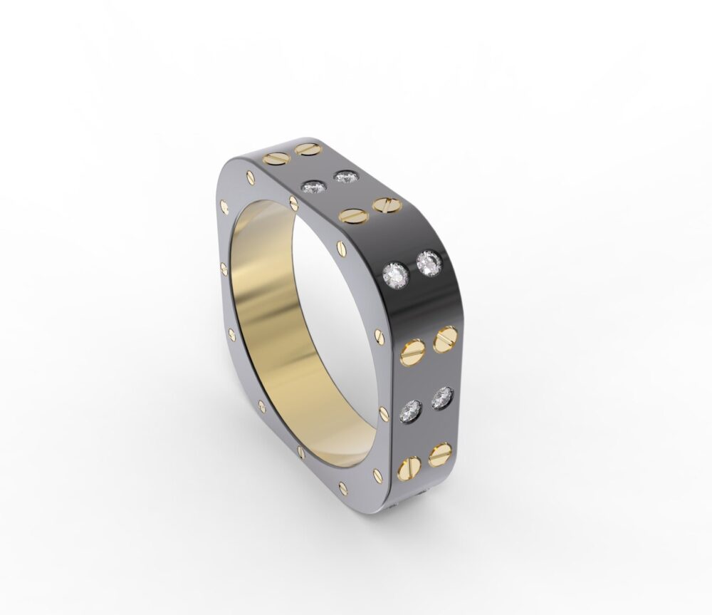 14K Black Gold Square Men Wedding Band Styled With Screws & Set Diamonds | Diamond Plated Rhodium