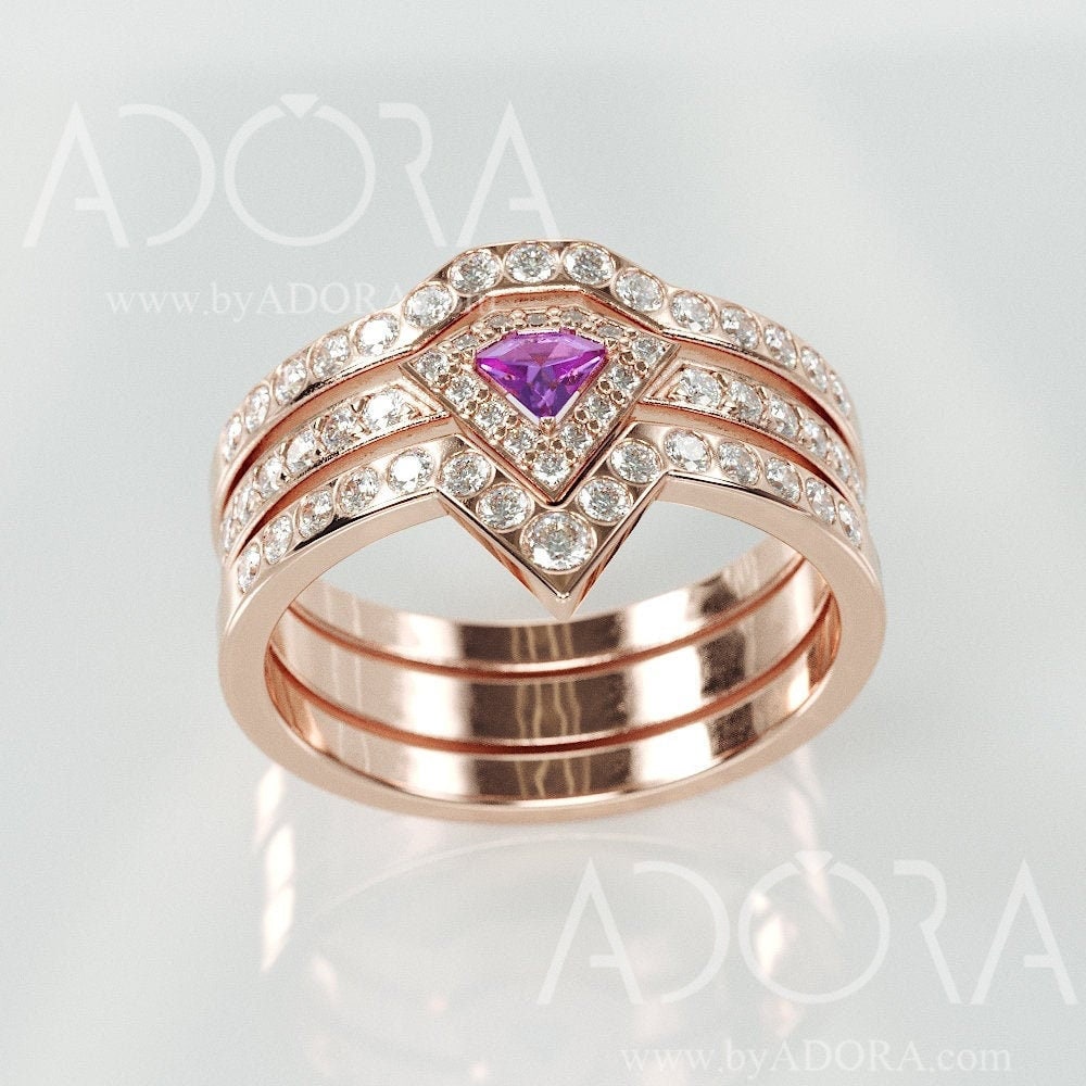 Diamond Cut Amethyst Engagement Bridal Rings Set | 14K Rose Gold & Wedding With Natural Diamonds
