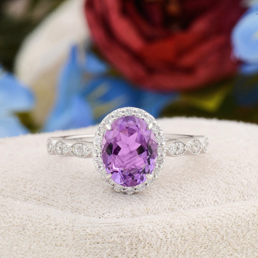 Vintage Amethyst Engagement Ring, Delicate Etched Promise Oval Cut Natural Mothers Day Gift
