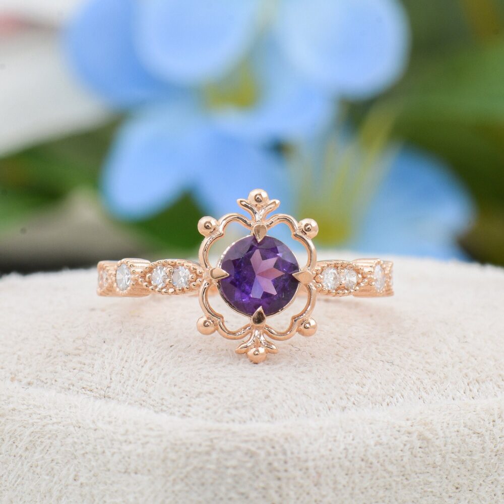 Amethyst Engagement Ring, Vintage Wedding Christmas Gift, Round Shape Purple Solid Gold Handmade Ring