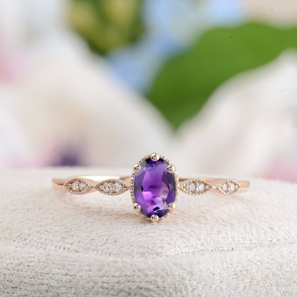 Amethyst Engagement Ring, Wedding Solid Gold Handmade Oval Shaped Aaa Quality Gemstone