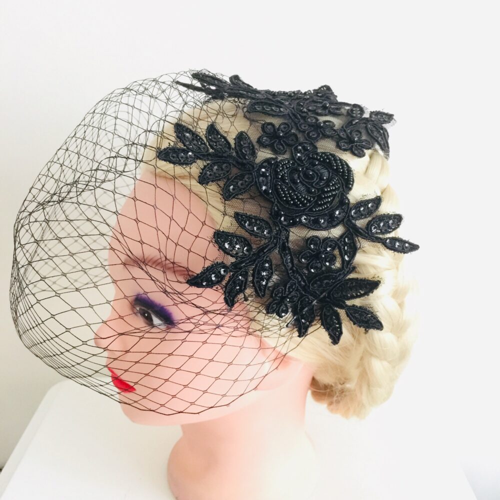Black Birdcage Veil With Lace Headband - Funeral Headpiece - Gothic Wedding Veil - Grieving Fascinator Hat - Bridal Headband -Witch Veil