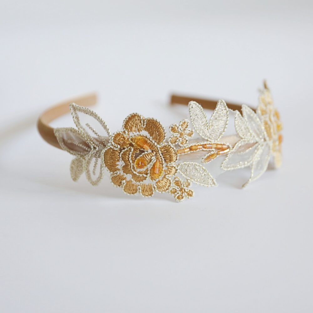 Tan & Light Gold Flower Lace Headband, Champagne Hairband, Wedding Headband