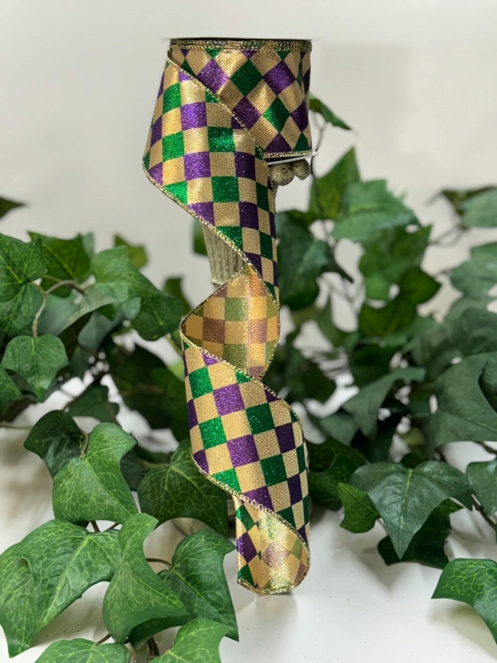 Mardi Gras Glitter Diamond Check Wired Ribbon 2.5" X 10 Yards, For Wreaths, Crafts Or Floral Designs Rg1930Wy