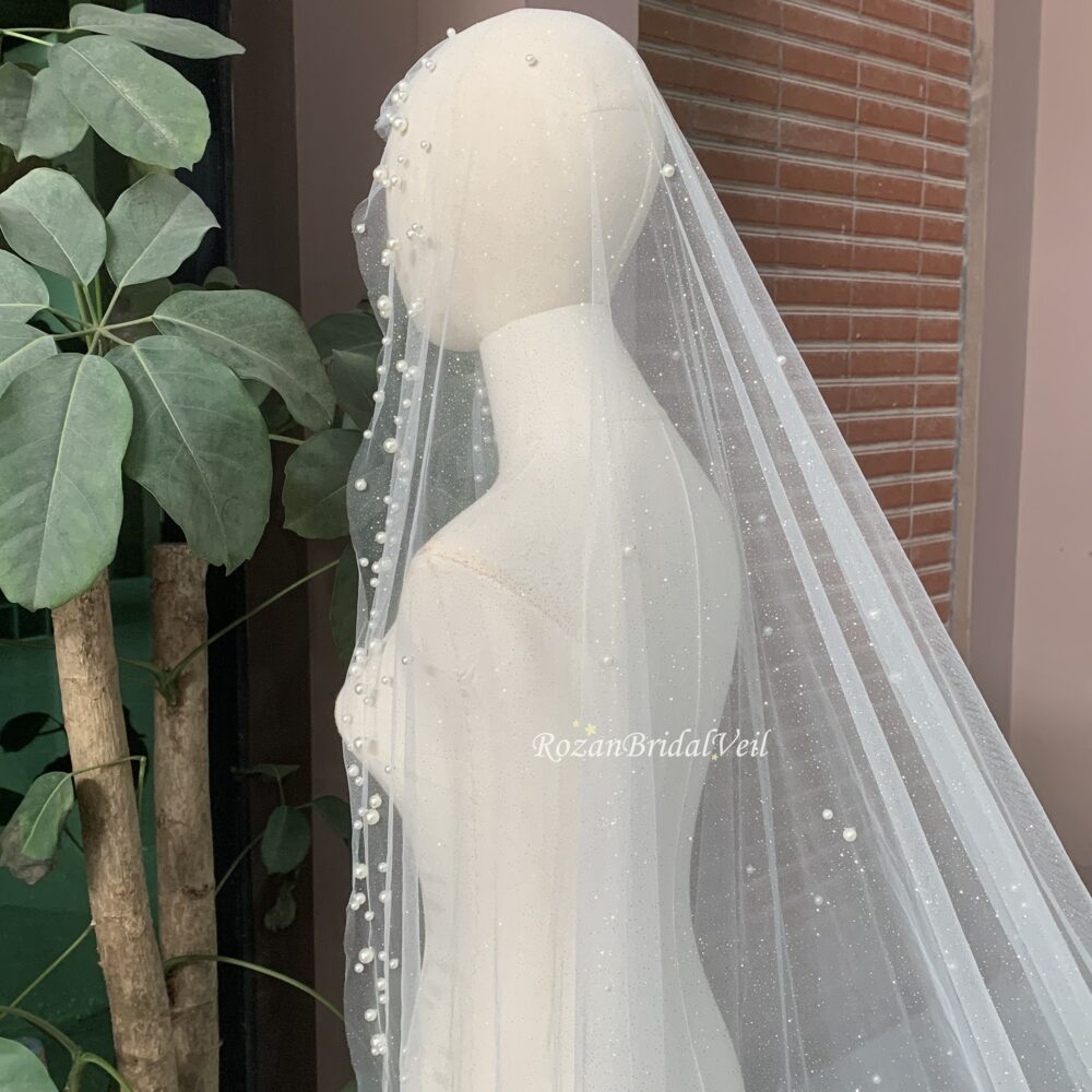 Champagne Glitter Bridal Veil/Sparkle Tulle Veil/Pearls Wedding Veil/Champagne Veil/Chapel Veil/Without Comb/Cathedral Veil/Floor Veil Chic