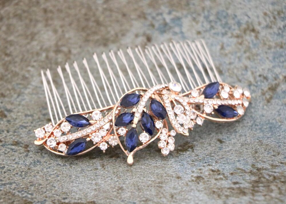 Rose Gold Wedding Hair Comb Navy Blue Side Bridal Headpiece Accessories For Bun Gold Bridal Haircomb Sapphire