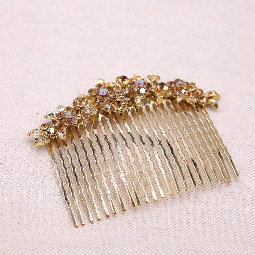 Gold Decorative Side Comb, Wedding Hair Bridal Golden Hairpiece, Flat Comb For Sides, Crystal Accessory