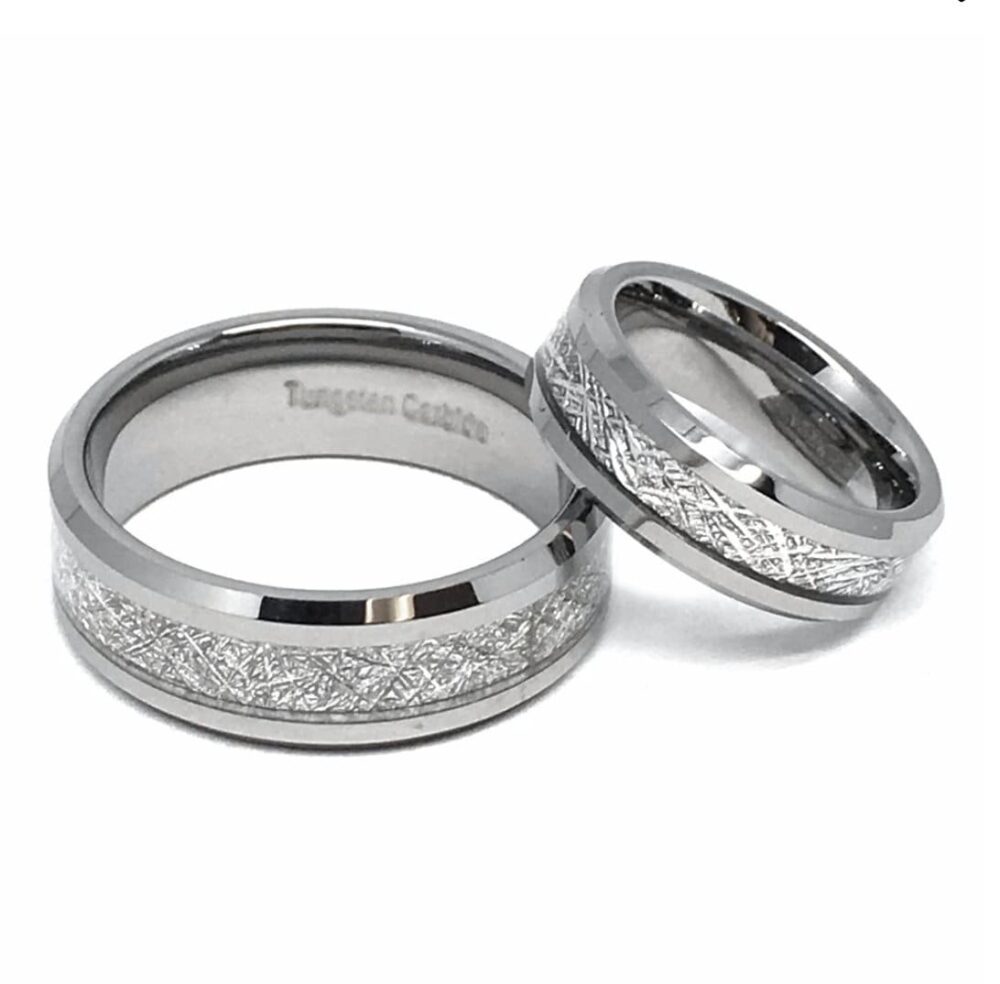 His & Hers Custom Engraved Tungsten Rings, Meteorite Inlay Wedding Band Set For Men & Women, 8mm 6mm Engagement Ring, Promise Ring