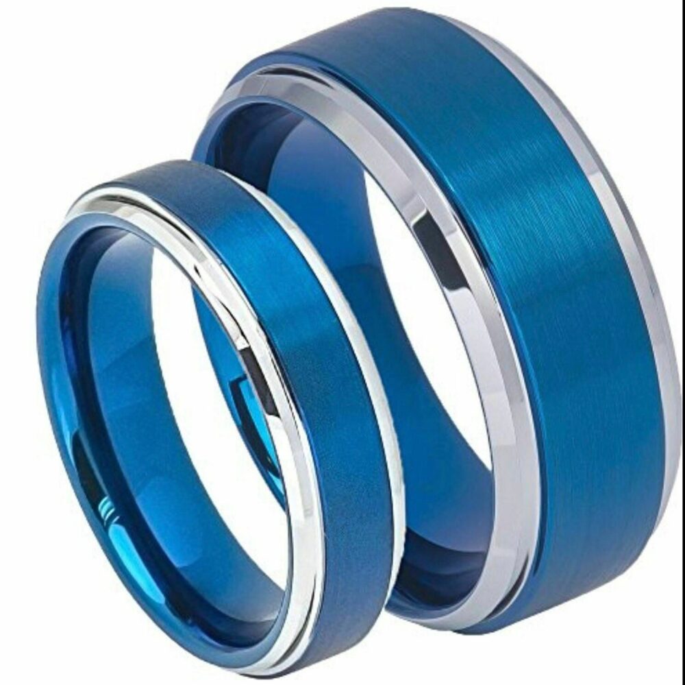 Tungsten Wedding Bands For Him & Her, Custom Engraved Blue Statement Ring, 8mm/6mm His & Hers Matching Ring Set With Shiny Step Edge