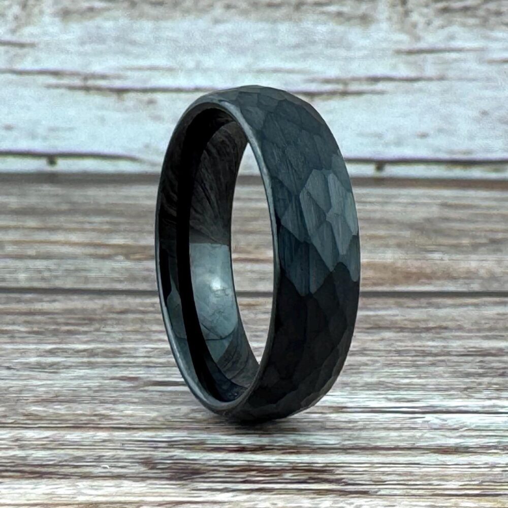 Hammered Black Tungsten Ring Beaten Men Women Wedding Band Set 8mm 6mm 4mm Faceted Size 4 To 15 Anniversary Gift