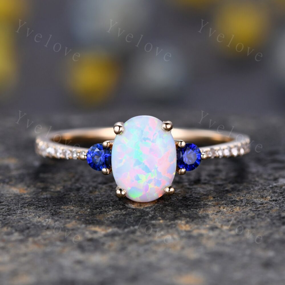 Danity Opal Engagement Ring Set Blue Sapphire Diamond Matching Band Women Bridal Wedding Yellow Gold Anniversary Promise Jewelry